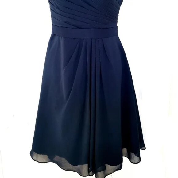 NAVY Blue Chiffon A-line Cap Sleeves Knee Length evening Dress - Picture 8 of 9